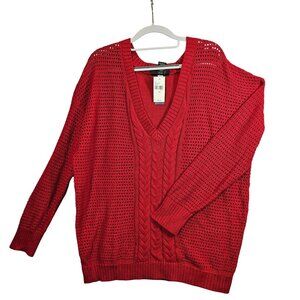 NWT Lane Bryant Womens 3X Red Open Knit V-Neck Sweater 100% Cotton Bold colorful